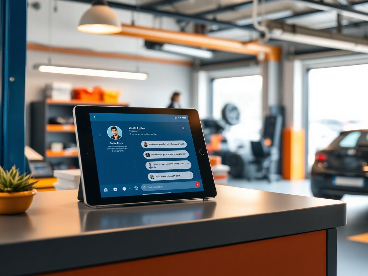 Garage reception desk with AI assistant on a tablet screen