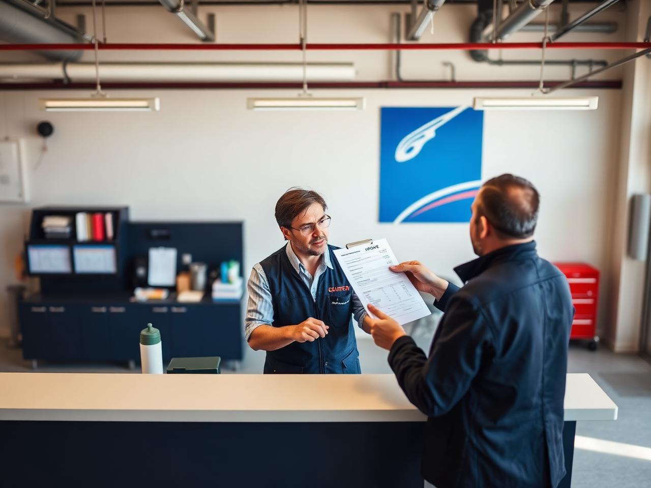 Service advisor handing an invoice to a customer at a garage reception
